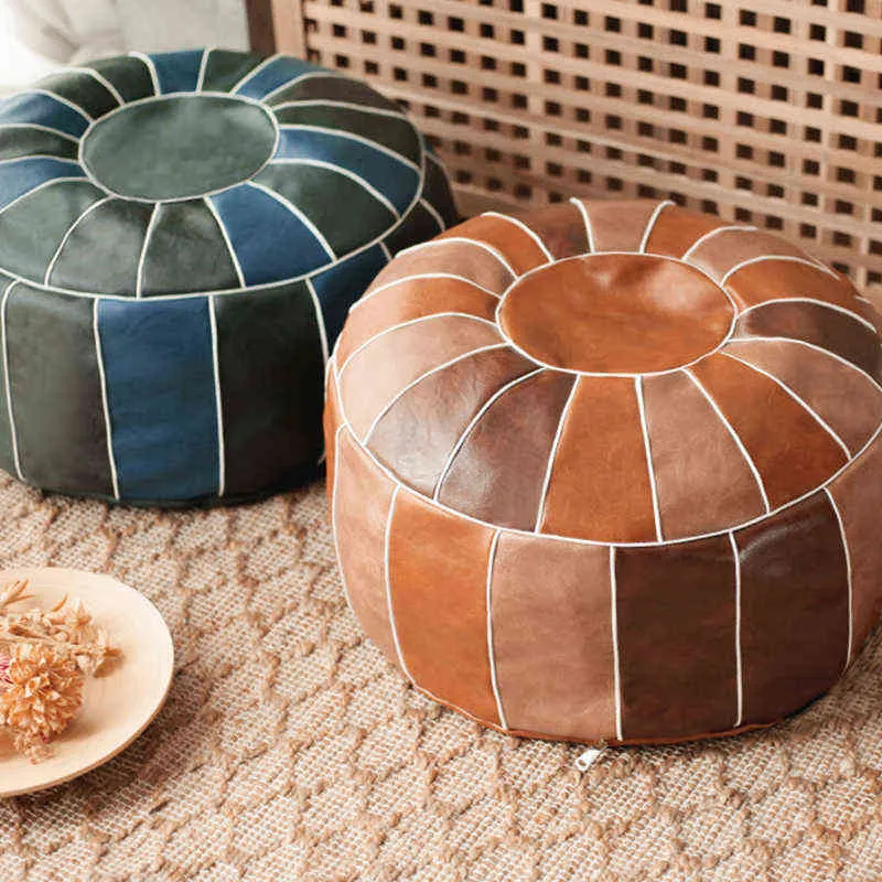 marocain PU cuir pouf broder artisanat hassock ottoman repose-pieds rond grand 50 * 35cm coussin non rembourré en cuir artificiel 211215