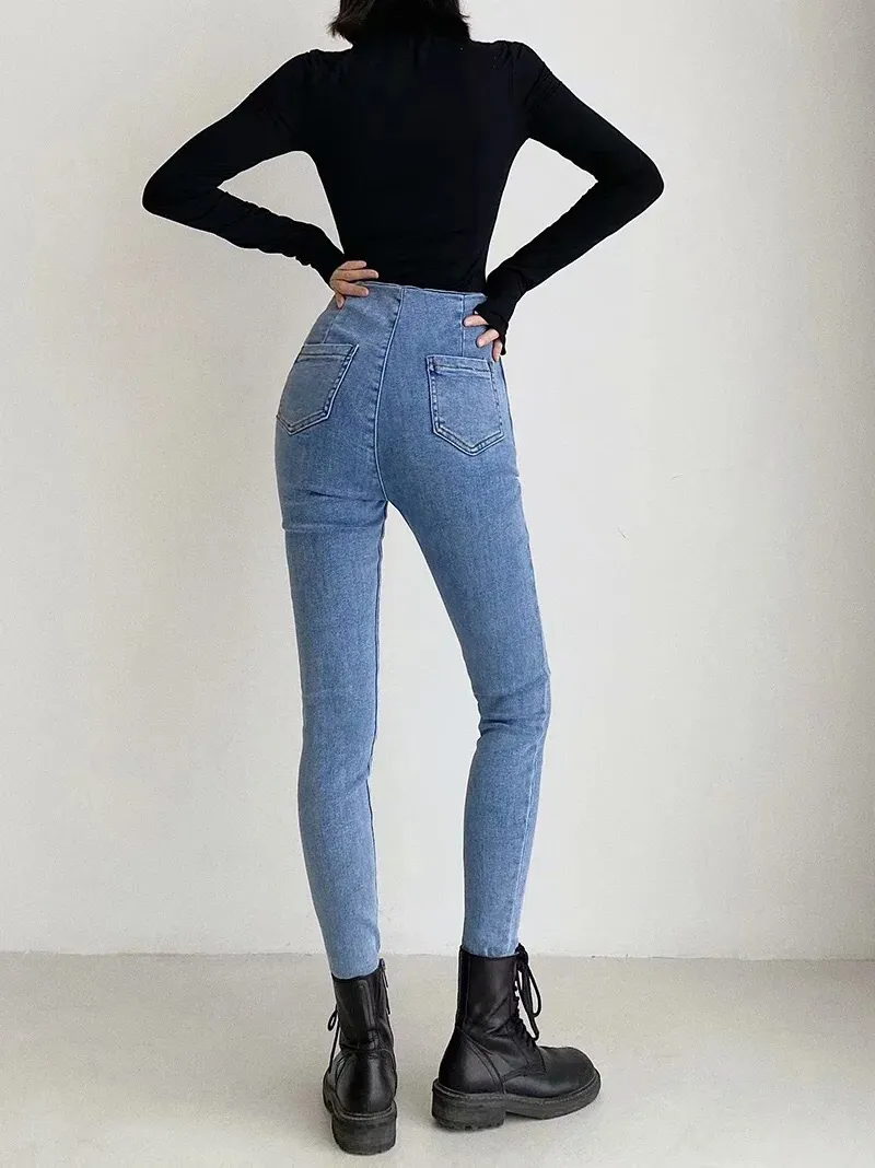 Skinny dubbelbröst fyra knappar hög midja penna jeans kvinnor smal passform sträcka denim byxor full längd täta byxor 210429