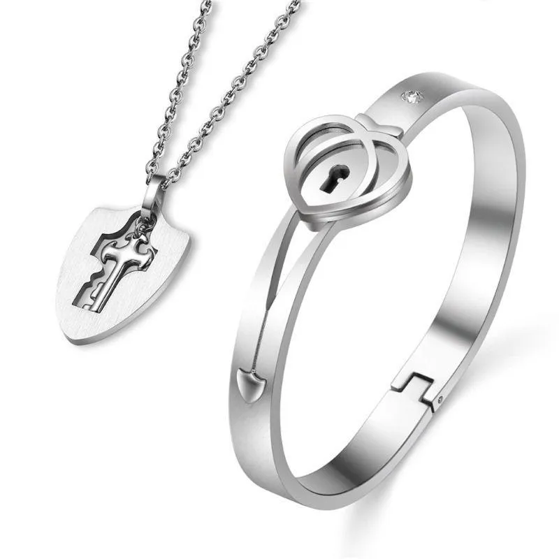 Titane acier amour Puzzle Couple coeur serrure clé Bracelet collier amant bijoux ensemble mode boucles d'oreilles 261d