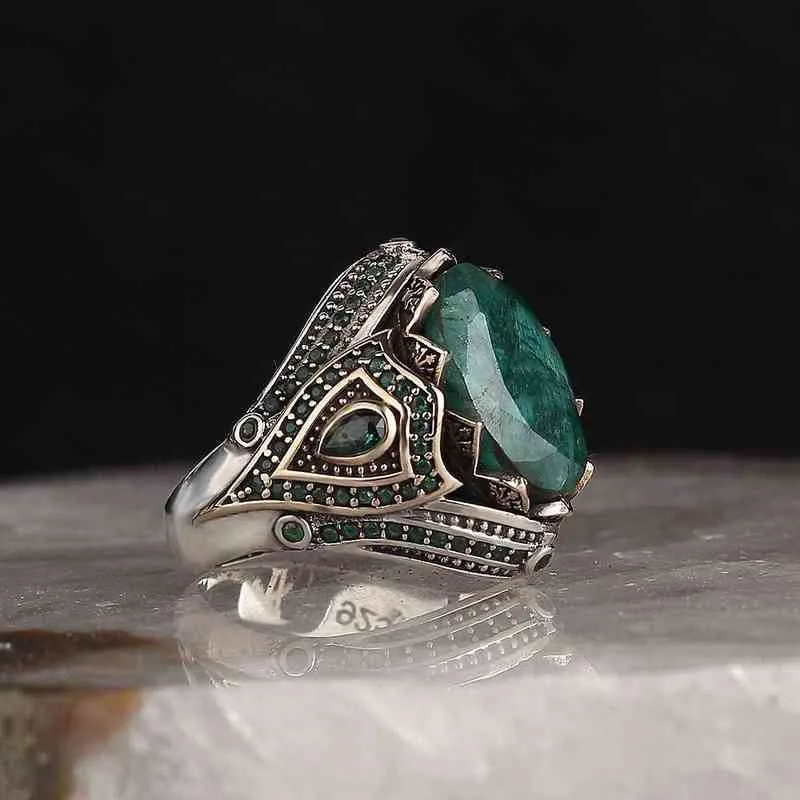 925 Sterling Zilveren Ring voor Mannen Emerald Stone Sieraden Mode Vintage Gift Onyx Aqeq Mens Ringen Alle Maat 211217