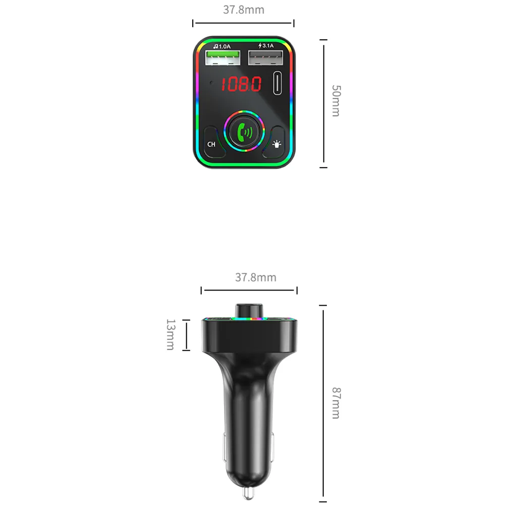 F3 Bluetooth Car Kit USB-Typ-C-Ladegerät FM-Transmitter TF MP3-Player mit RGB-LED-Hintergrundbeleuchtung Drahtloser FM-Radio-Adapter Freisprecheinrichtung für Telefon