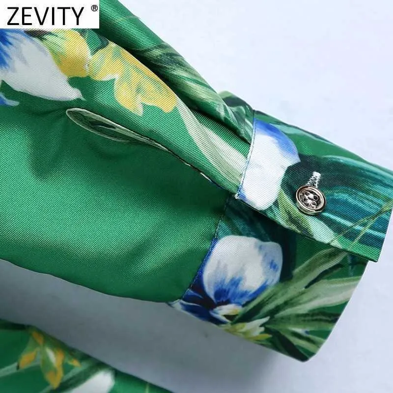 Zevity femmes Vintage vert fleur imprimer décontracté mince Satin chemise robe femme Chic côté fendu ceintures Kimono Vestidos DS8116 210630