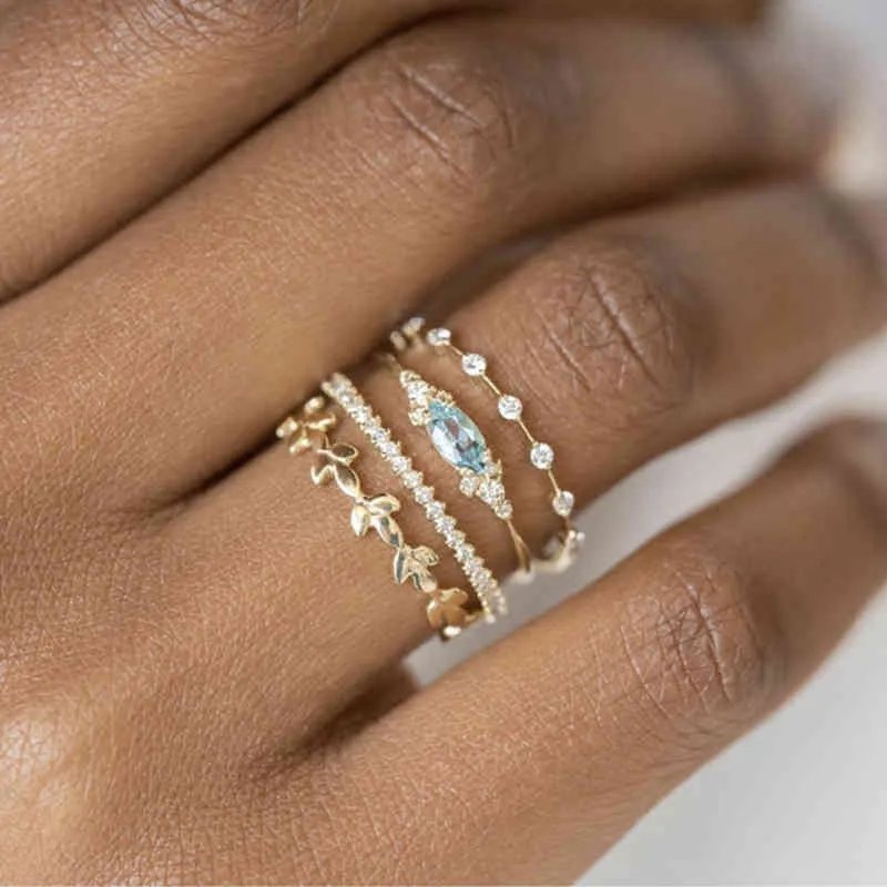 Бохо комплект из 4 предметов, роскошные кольца с синими кристаллами для женщин, модные кольца желтого золота, свадебные украшения, аксессуары, подарки, Promise Ring241r