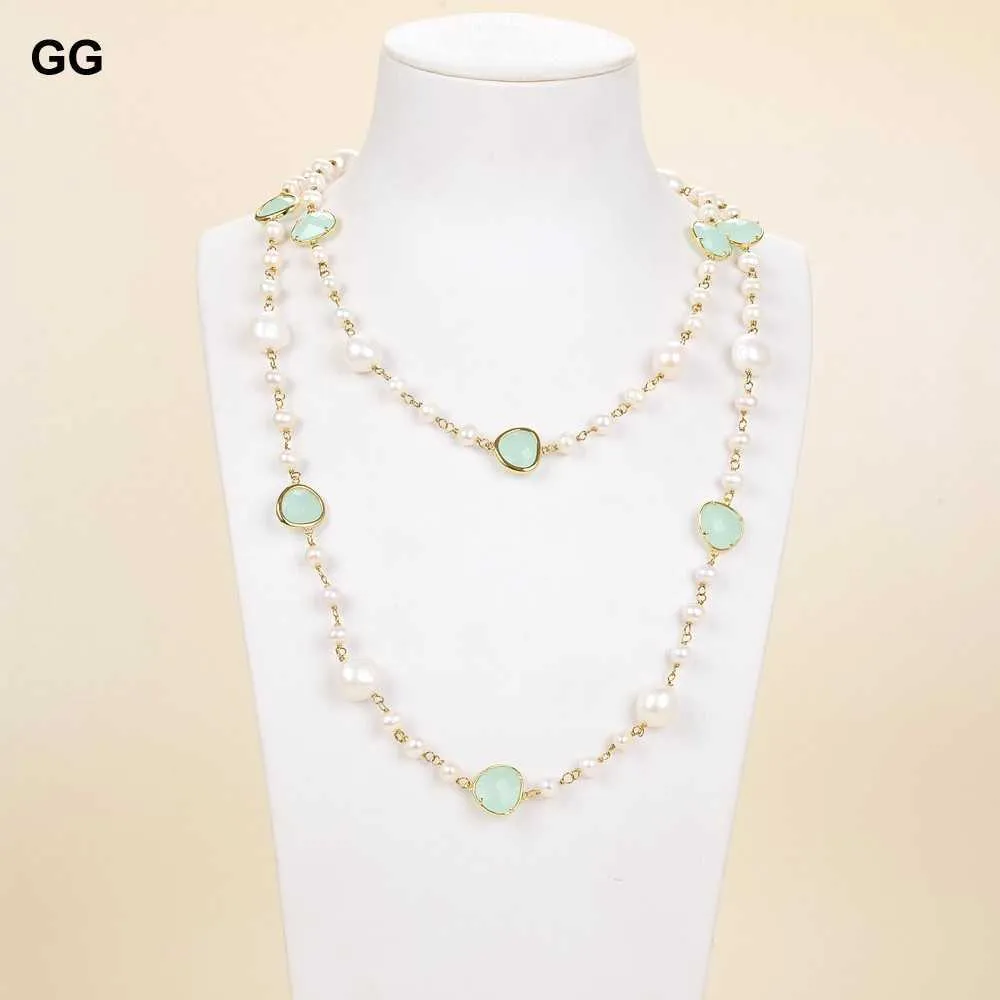 GuaiGuai – collier Long en perles Keshi baroques blanches naturelles, bijoux en cristal bleu, 44 pouces