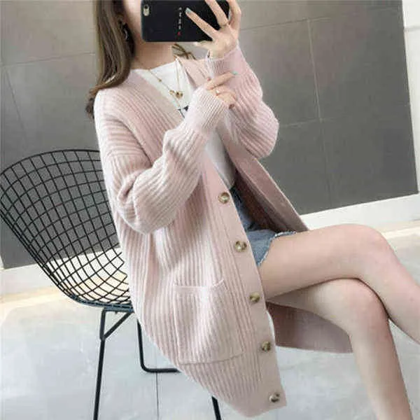 Ladies Knitted V-neck Cardigan Mid-length Casual Loose Single-breasted Coat Jacket Female Thick Outwear Women's Autumn Winter 211103