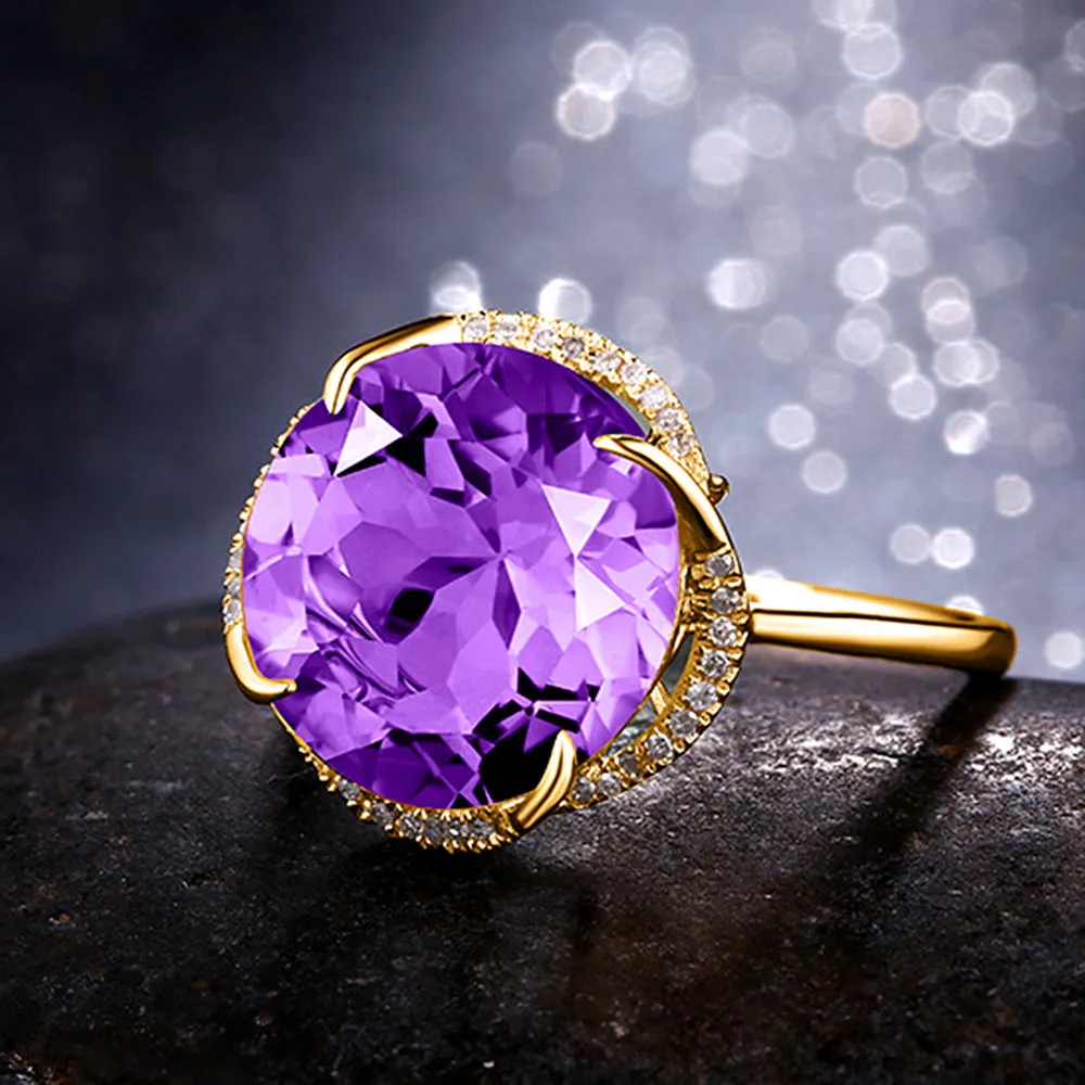 Fioletowy Kryształ Ametyst Gemstones Cyrkonicy Diamenty Pierścienie Dla Kobiet 18K Złoty Kolor Biżuteria Bijoux Bague Party Moda Prezenty