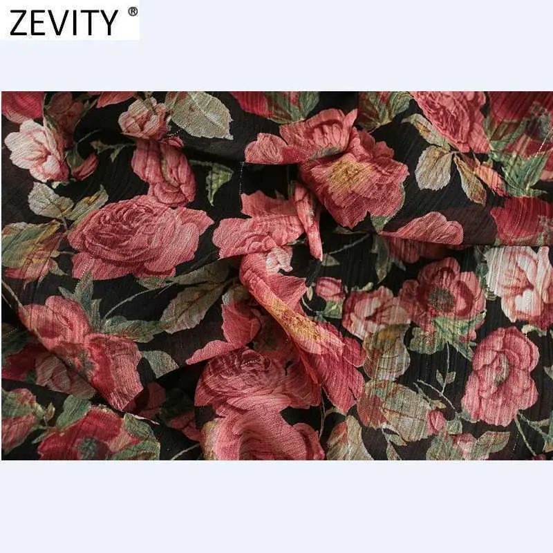 Zevity Women Vintage V Neck Floral Print Striped Pleated Mini Dress Female Pleat Puff Sleeve Casual Slim Vestido DS5030 210603