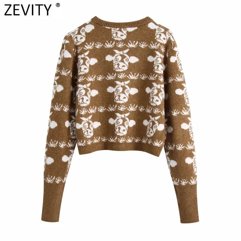 Women Fashion O Neck Animal Pattern Crochet Knitting Cardigans Sweater Female Chic Long Sleeve Casual Short Tops S681 210420