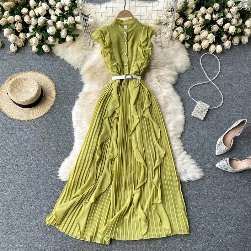 Sommer Mode Casual Urlaub Lange Sommerkleid Frauen Koreanische Plissee Kleid Süße Rüschen Ärmellose Gürtel A-linie Kleider 210430