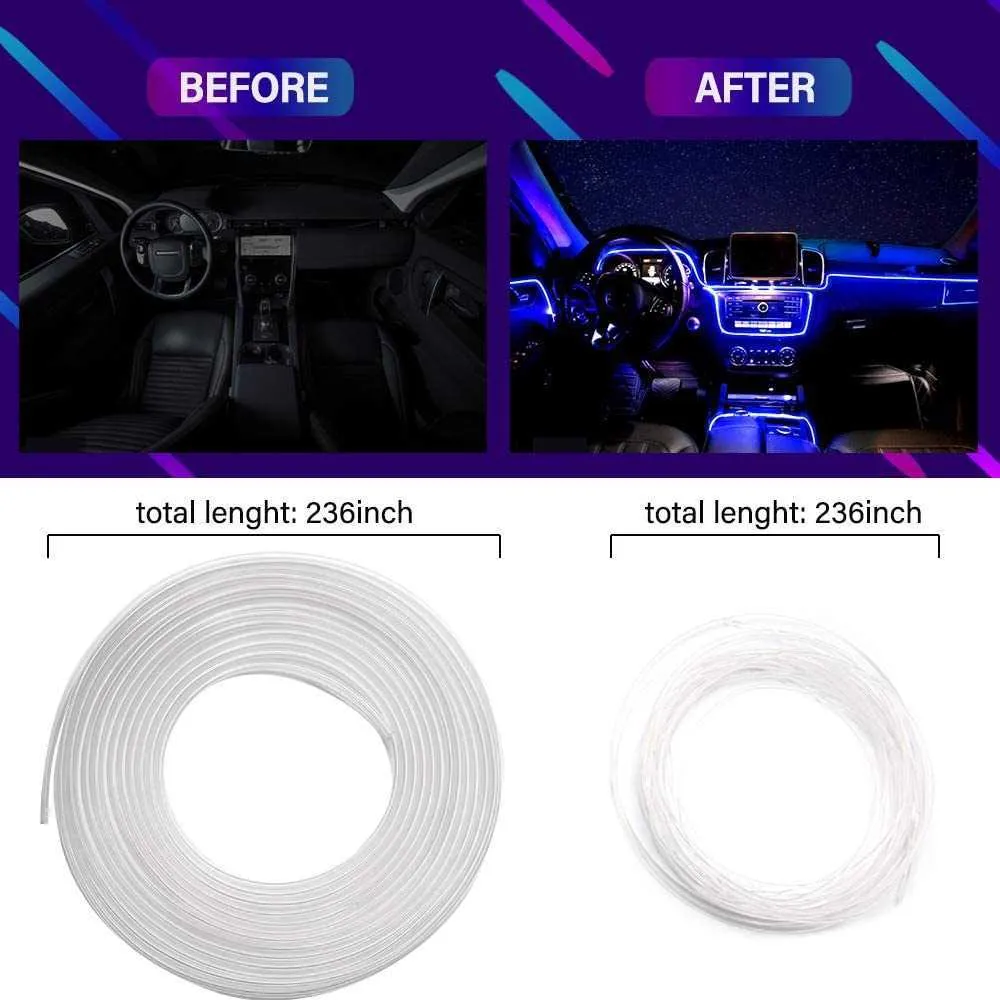 6 in 1 6m RGB LED 차량 내부 앰비언트 라이트 광섬유 스트립 앱 제어 자동 대기와 함께 조명 장식 램프 228V