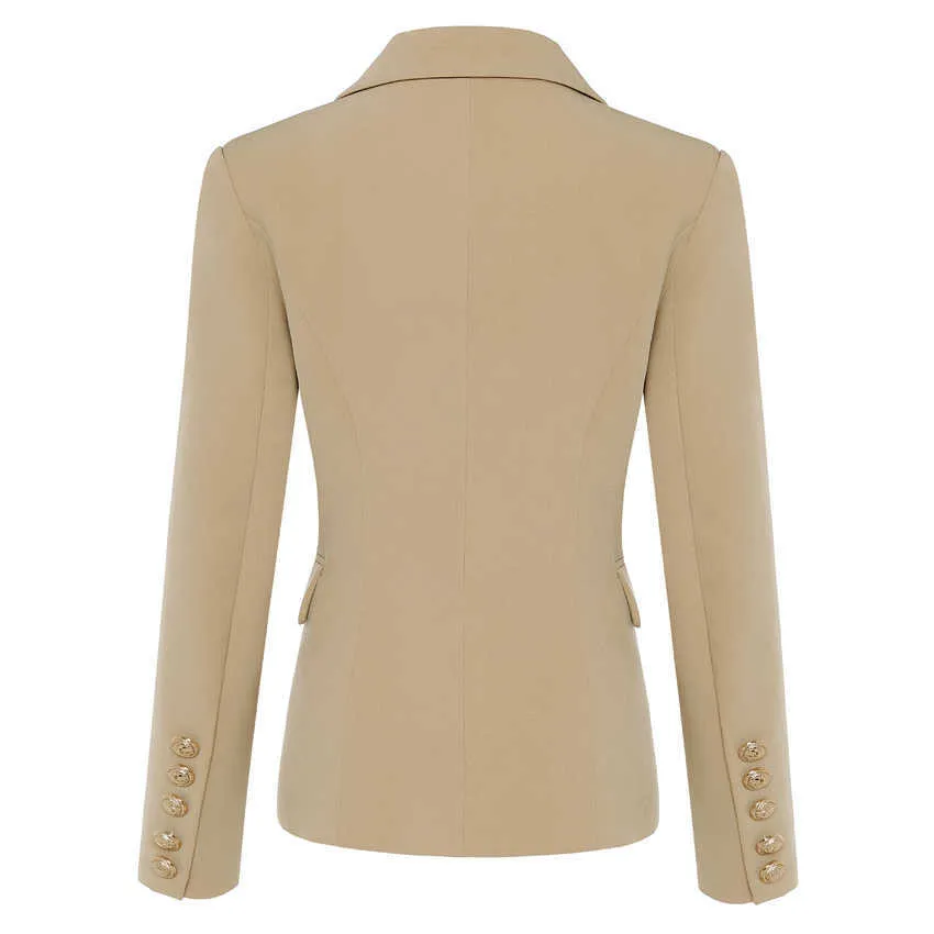 Topkwaliteit Stijlvolle klassieke ontwerper Blazer Dames Double Breasted Metal Lion Buttons Jacket Outer Wear Khaki 210930