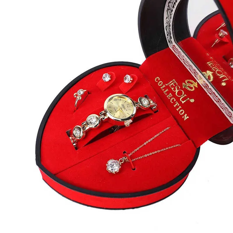 Женский комплект часов-браслета, золотые кристаллы, дизайнерское ожерелье, серьги, кольцо, женский комплект ювелирных изделий, кварцевые часы для женской жены, мамы, подарок 279h