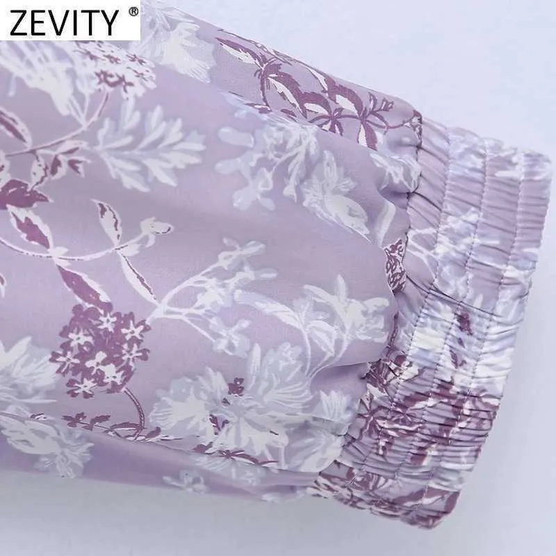 Zevity Femmes Tropical Imprimé Floral Violet Sarouel Femme Chic Taille Élastique Casual Mince Cheville Longueur Pantalones Mujer P1026 210603