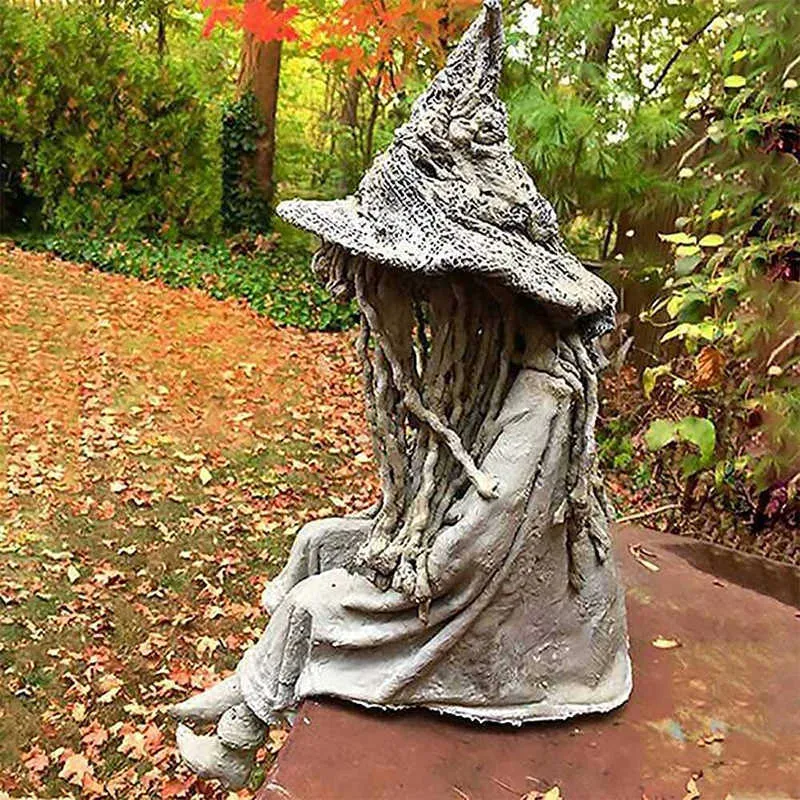 Witch Ghoul sittande staty Solar Light Crafts Harts Ornament för Home Garden Courtyard Decoration 2021 Q081164758222487728