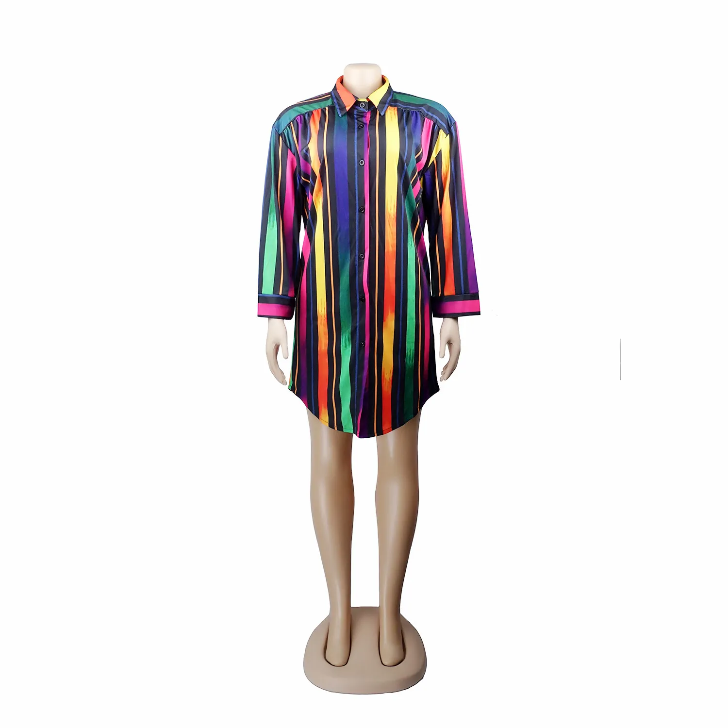 Красочные полосатые рубашки платье мини длинный рукав сексуальные радуги полосы случайные моды свободные кнопки женщины осень большой размер леди 210416
