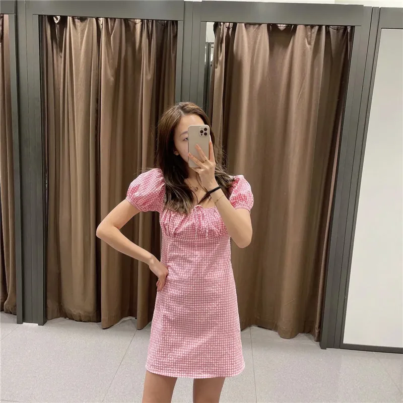 Pink Plaid Mini Dress Women Summer Square Neck Short Puff Sleeve Woman es Elastic Back Cute For Girls 210519