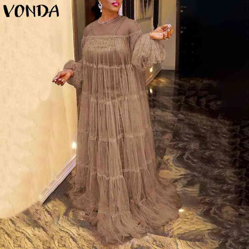 Bohemian Maxi Long Dress 2021 Vonda Sexig Long Robe Femme Lantern Sleeve Golvlängd Party Dress Beach Holiday Vestido Y1204