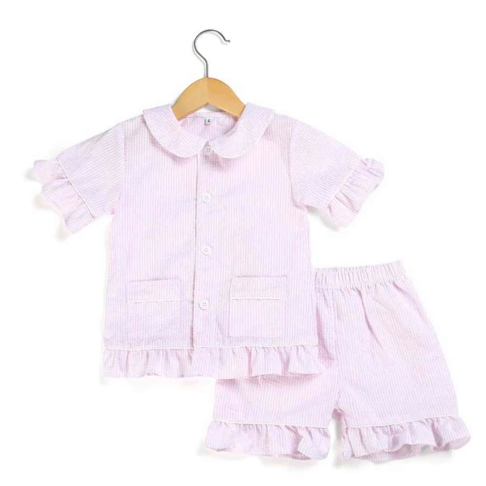 EST Matching Blue Stripe Nightwear Seersucker 100% coton Pyjama d'été pour enfants pour garçons 211130