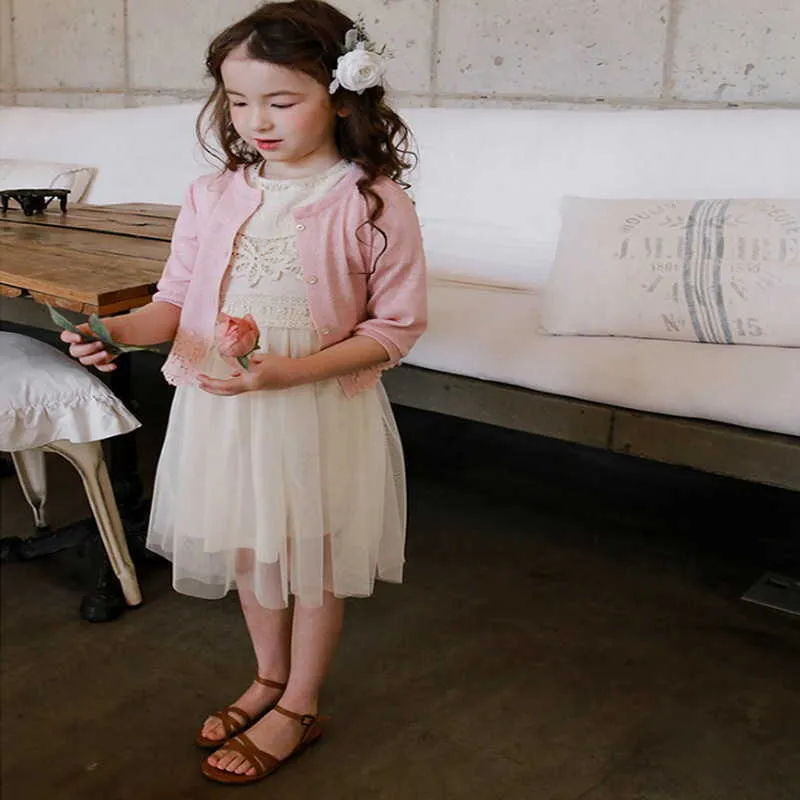 韓国風の夏のティーンエイジャーガールズドレスハーフパフスリーブレースプリンセスドレス子供かわいい子供服E701 210610