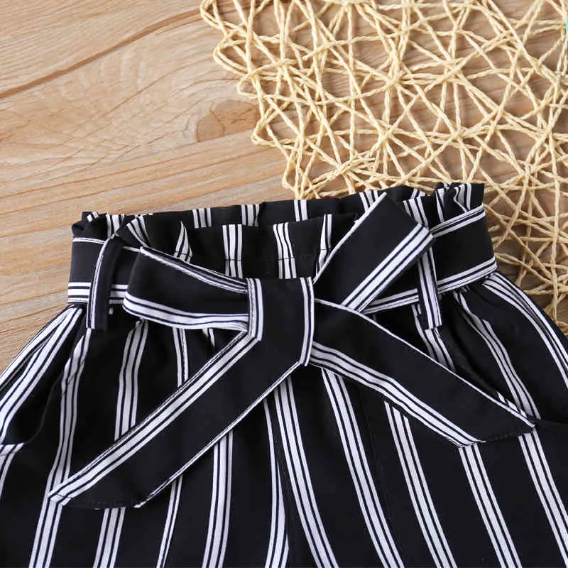 Girls Shorts Summer Pants Black And White Stripes + Belt Baby Girl Cotton Kids For 2-6Y 210515