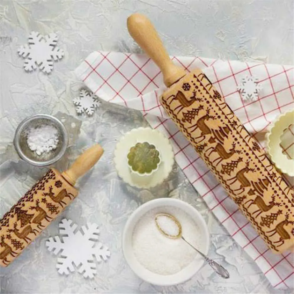 Christmas Rolling Pin Engraved Carved Wood Embossed Rolling Pin Kitchen Tool Deegroller Christmas Embossing Rolling Wooden 211008