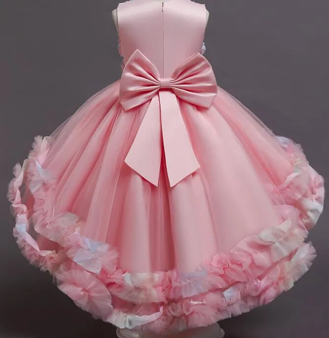Robes de fille de fleur rose Scoop fleurs faites à la main Tulle petites filles mariage luxueux Communion robe de concours robes F1682306