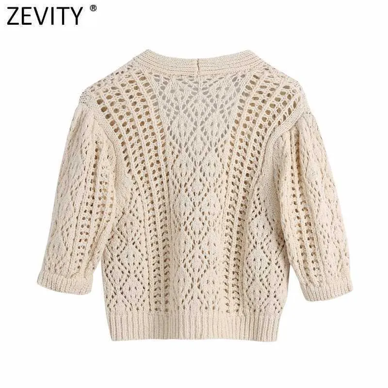 Zevity Women Vintage Jacquardメッシュクロス編み編み編み短いセーター女性VネックパフスリーブカジュアルセータートップスSW813 210603