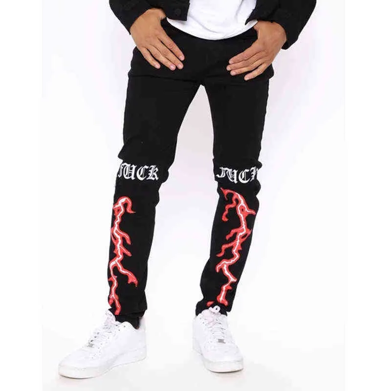 Jeans da uomo slim neri con stampa teschio design casual elastico con piedi piccoli pantaloni a matita pantaloni da motociclista in denim da strada di alta qualità 211111