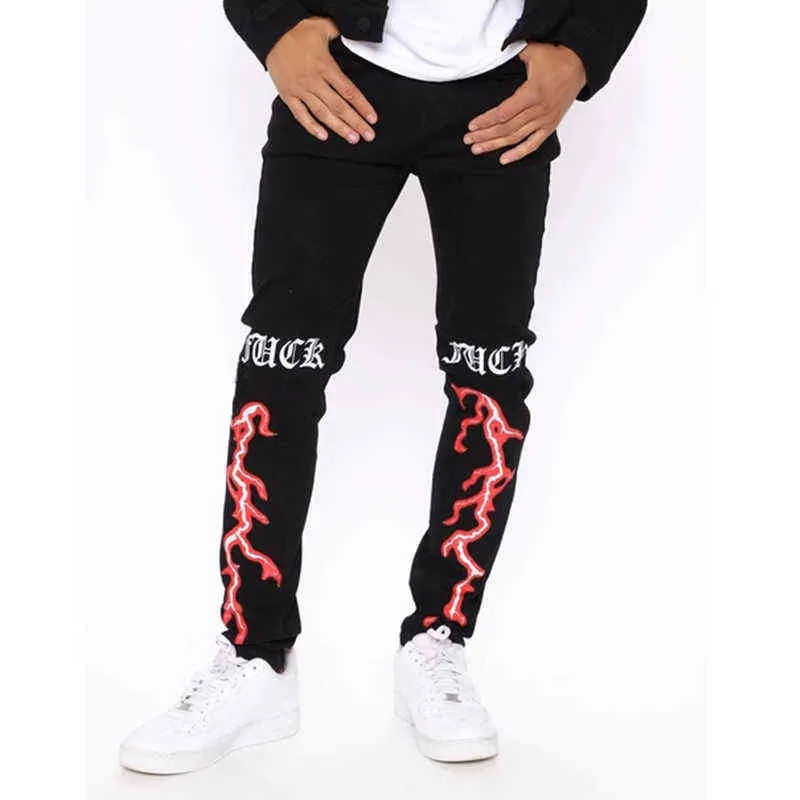 Men Black Jeans Fashion High Waist Stretch Washed Denim Pencil Pants Skull Pattern Letter Printed Street Trousers 211111