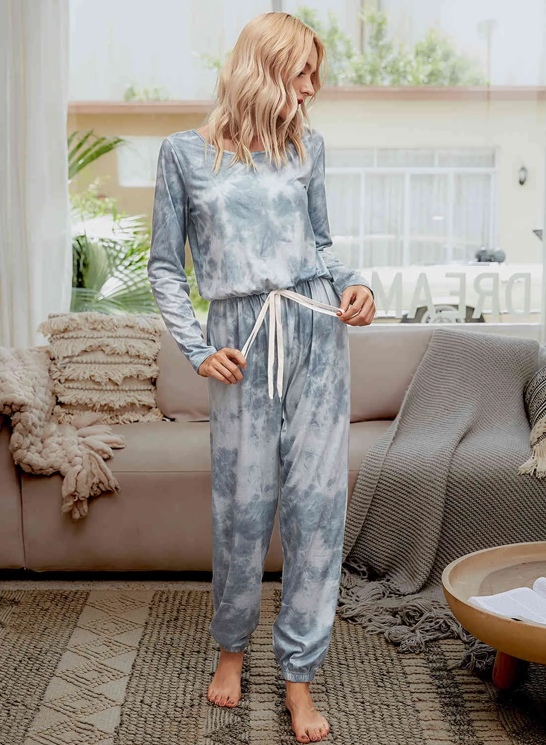 Bedruckter Tie-Dye-Pyjama-Overall für Damen, Herbst und Winter, langärmelige Hose, modisch, locker und bequem, Rundhalsausschnitt 210522