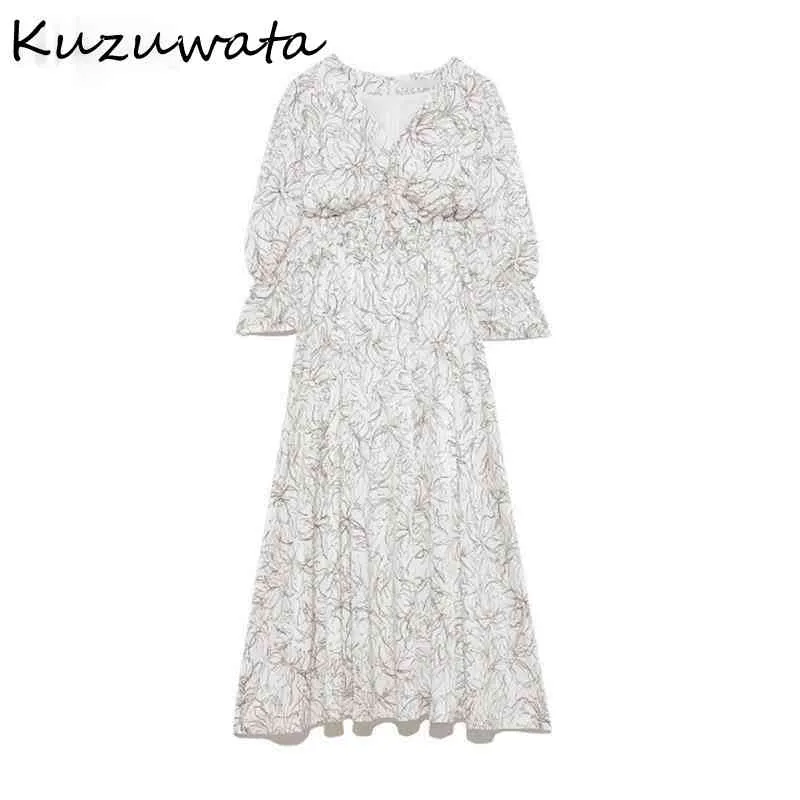 Kuzuwata v Neck Long Sleeve Slim Pullover Dress Women Vintage Print High Waist Hip a Line Long Vestidos Spring New Robe 210401