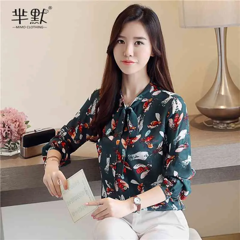 Frühling Herbst Frauen Bluse Geometrische Muster Drucken Bowknot Hemd Koreanische Stil Slim Langarm Weibliche Tops GX314 210507