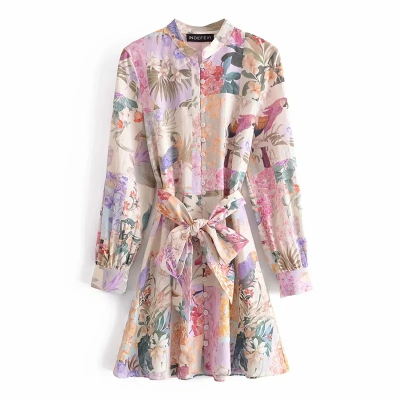 Femmes élégantes printemps été basique imprimé floral robe boho mignon nœud ceintures à manches longues mini robe moulante boutonnée robes 210521