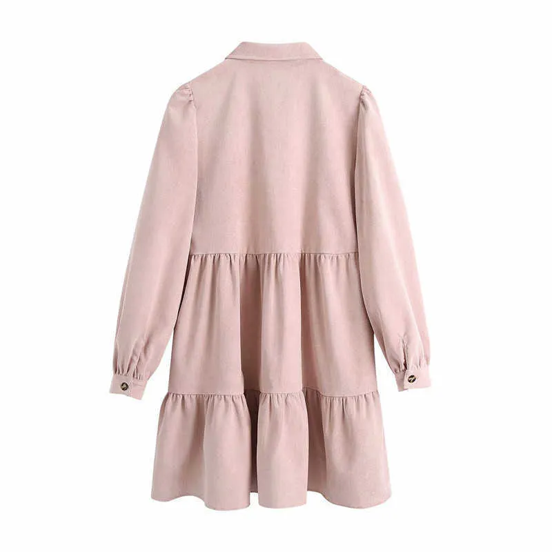 Za Corduroy Chemise Robe Femmes À Manches Longues Collier De Revers Vintage Bureau Lâche Mini Robes Femme Hiver Plissé Rose Robes 210602