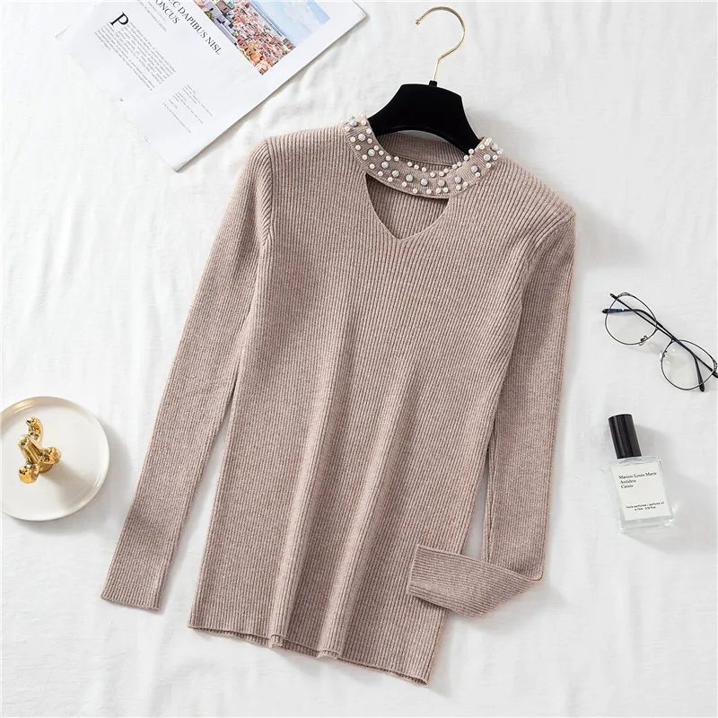 HSA sweter mujer Slim Casual Pearl Sweater and Pullovers V neck Hollow Out invierno Khaki White Solid Jumper 210430