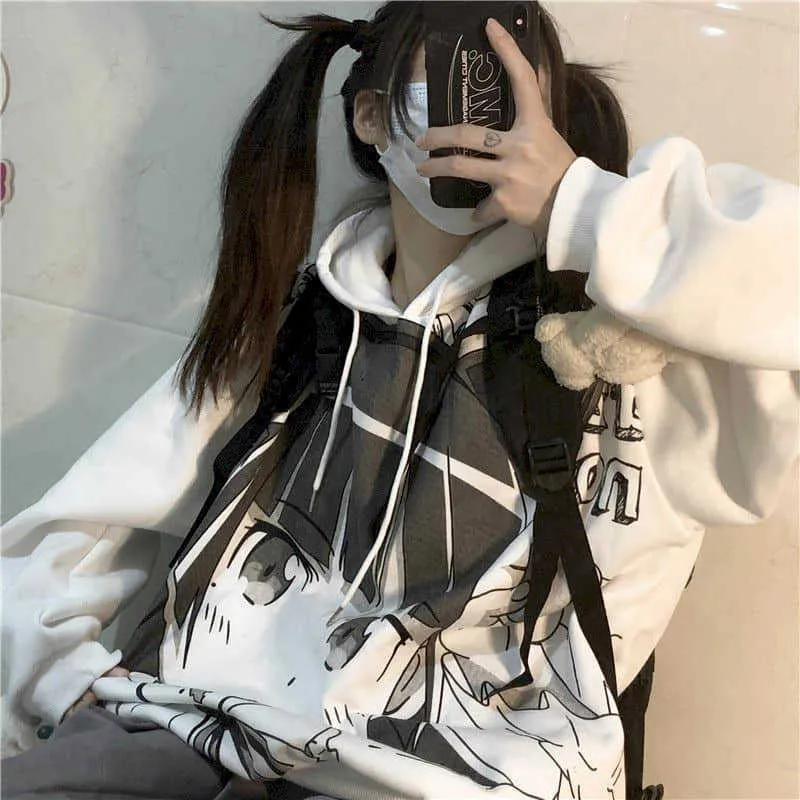 Automne et hiver coréen japonais bidimensionnel fille de bande dessinée lâche plus velours épais pull à capuche femme veste étudiante 210526