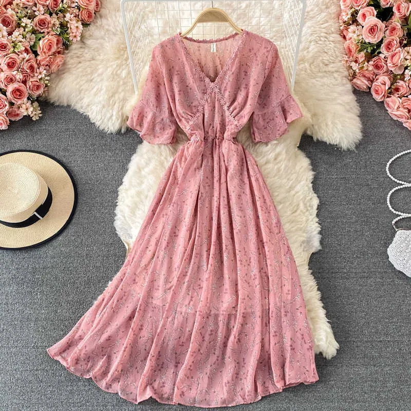 Sexy Floral Printed Chiffon Midi Dress Women Summer Flare Short Sleeve Lace Patchwork High Waist A-Line Vestidos Female 2021 New Y0603