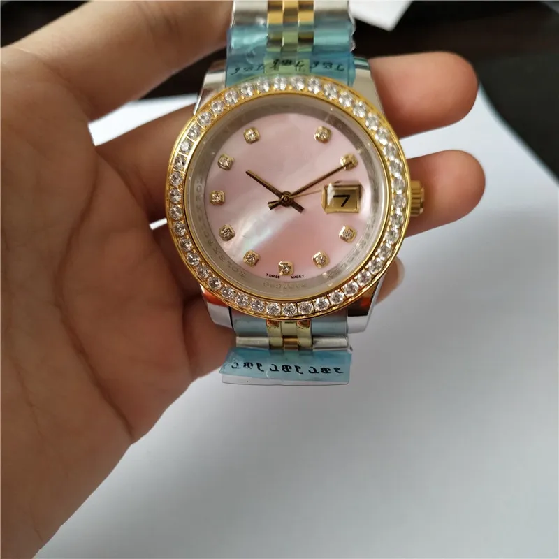 여성 시계 고품질 데이트 손목 시계 기계식 자동 이동 스테인리스 스틸 밴드 시계 36mm 하드 플렉스 유리 다이아몬드 BE2586