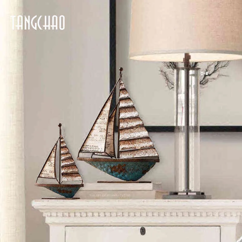 Home Decor Retro Sailboat Model Figurines For Interior Living Room Office Decoration Ornaments Iron Boat Figurine Sculpture Gift 2276G