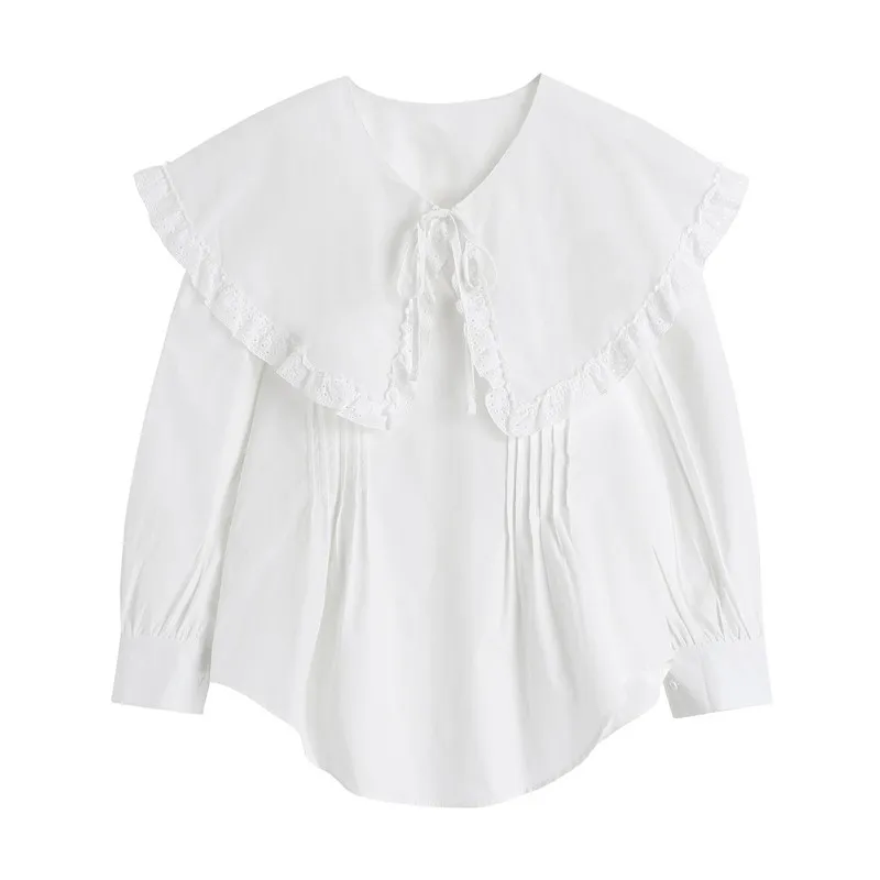 Nomikuma Plissé Causal Poupée Coréenne Chemise Douce Dentelle Patchwork Peter Pan Col Blouse Printemps Puff Manches Longues Blusas Top 6F997 210427