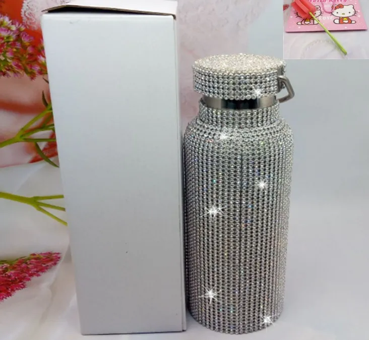 funkelnde High-End-Isolierflasche Bling Strass Edelstahl Therma Diamond Thermo Silver Wasser mit Deckel205R