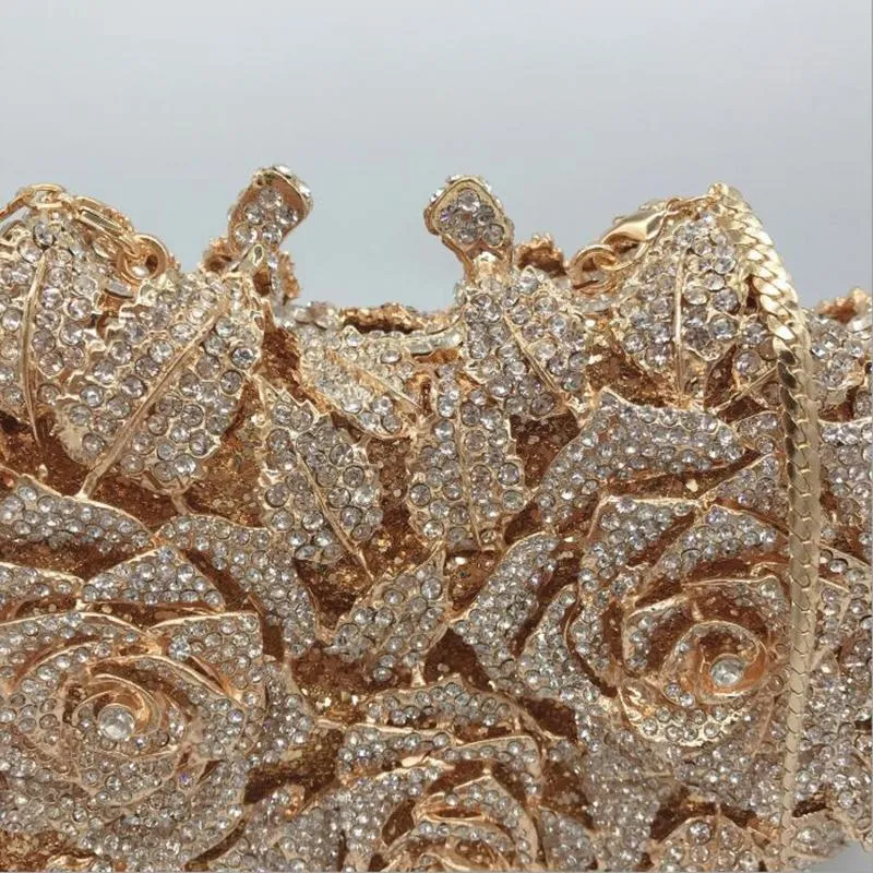 Abendtaschen Dazzling Frauen Gold Rose Blume Aushöhlen Kristall Metall Kupplungen Kleine Handtasche Geldbörse Hochzeit Clutch Bag Diamond309j