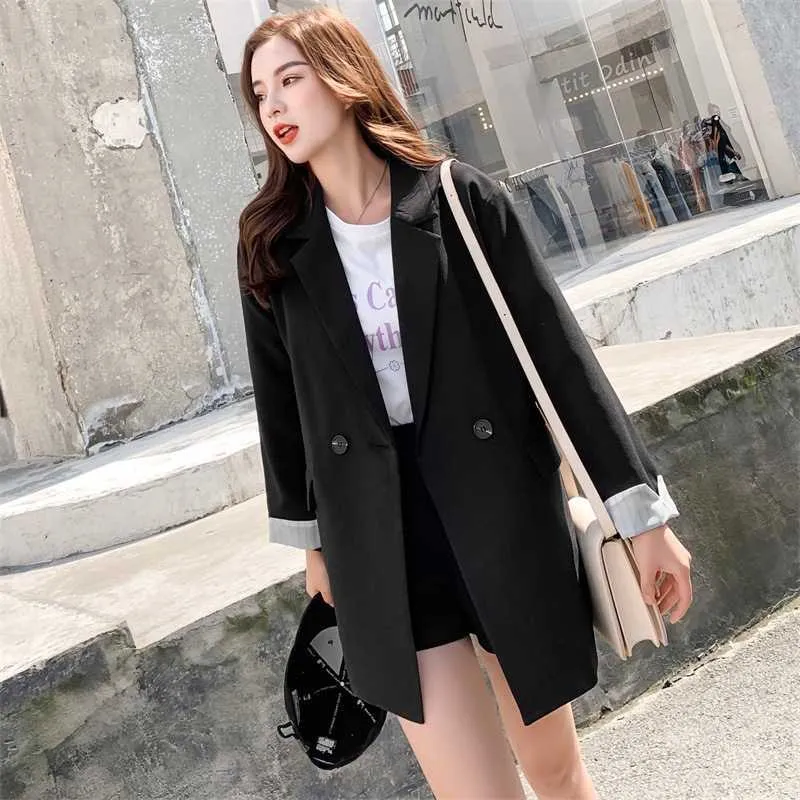 Women's jacket autumn black small suit Korean mid-length loose coat Feminine office blazer 210527