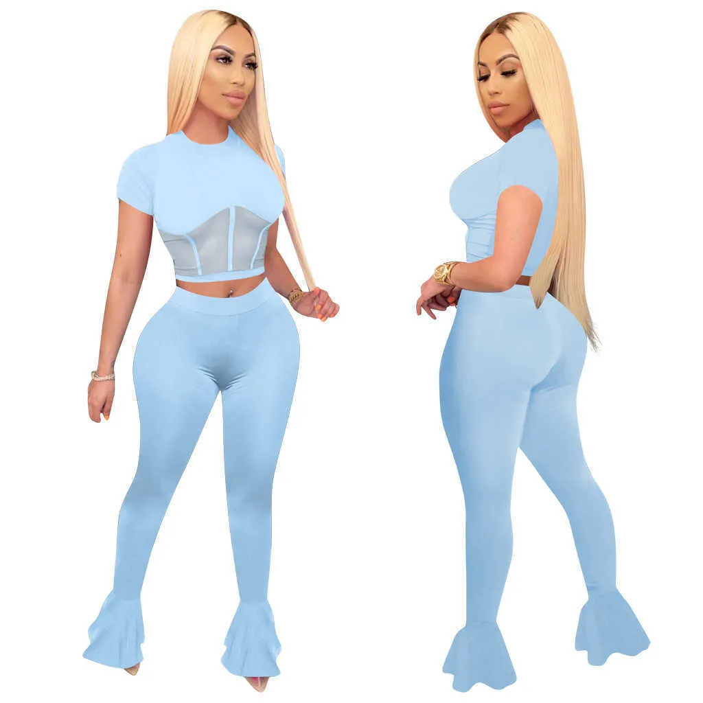 Adogirl vrouwen twee stuk outfits flare broek sexy mesh stijl vrouwelijke jurken strakke broek 2 stuks geplooide lange broek sets 9 kleuren