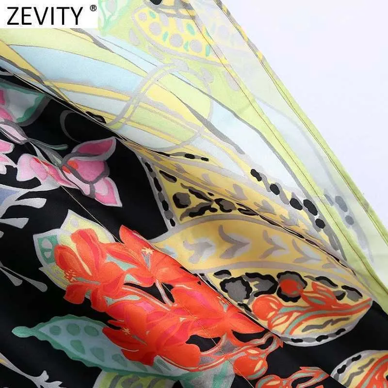 Zevity Women Vintage v الرقبة الموضع الأزهار طباعة فضفاضة Midi فستان أنثى أنيقة Batwing Side Side Split Kimono Vestidos DS8267 210603