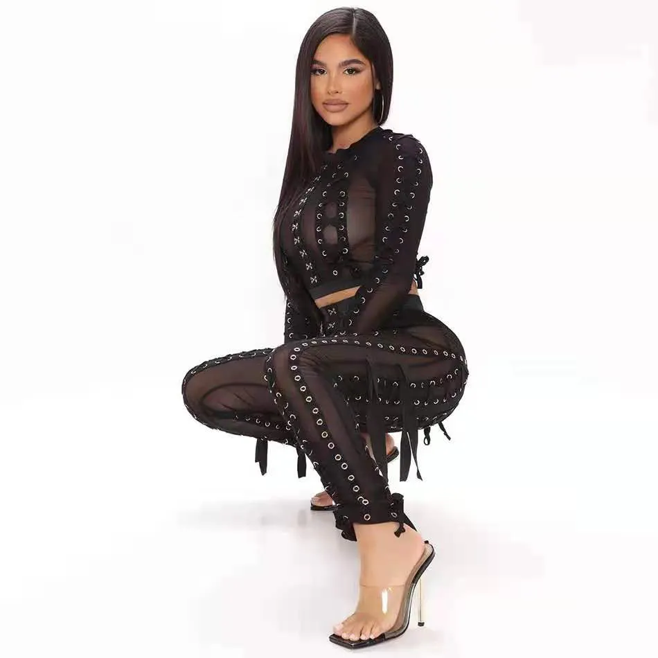 Free Sexy Bodycon Mesh Lace-up Pencil Pants Set O-Neck Long Sleeve Short Top & Drawstring Two-Piece 210524