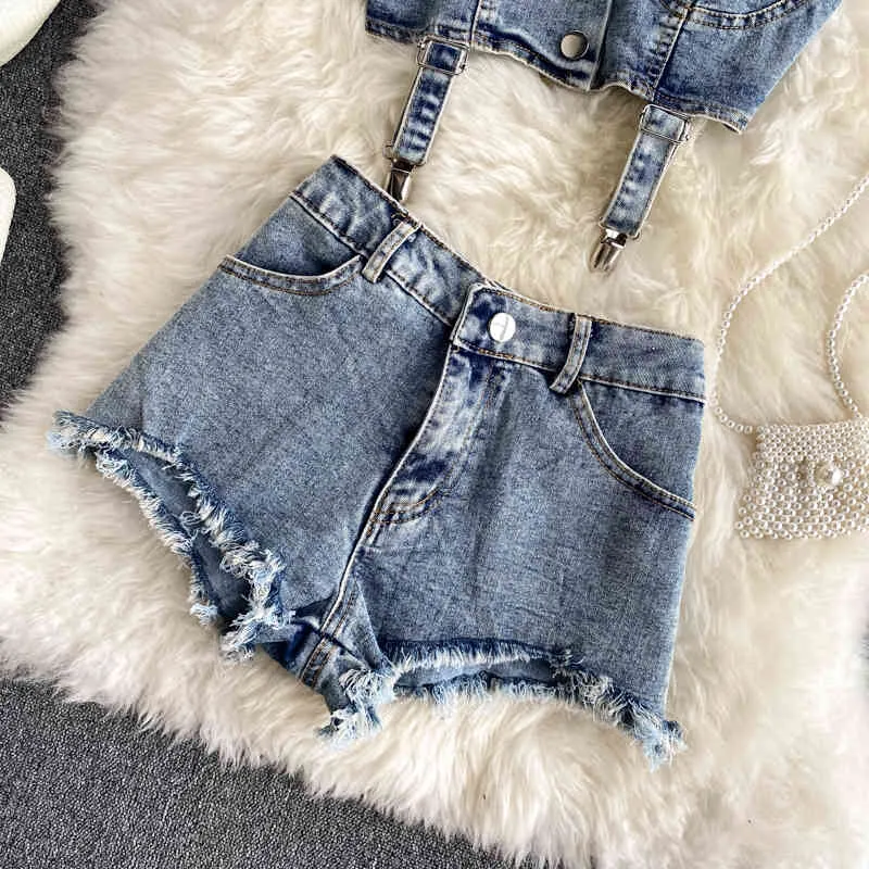 [EWQ] zomer nieuwe zoete mode mouwloze strapless tank tops denim gescheurde shorts twee stuk set vrouwen outfits qv24905 210423