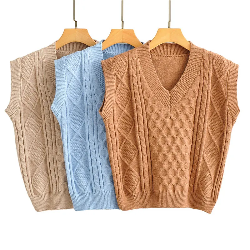 Blauw gebreide trui vest vrouwen v-hals mouwloze oversized pullover vintage herfst winter vrouwelijke vest 210430