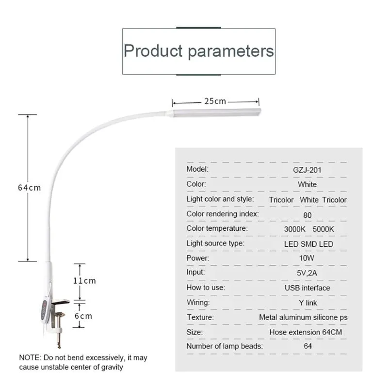 Masa lambaları Uzun kol LED masa lambası 10W Klip Esnek Ayarlanabilir Parlaklık Koruma Yatak Odası Okuma Çalışma Ofisi 277y