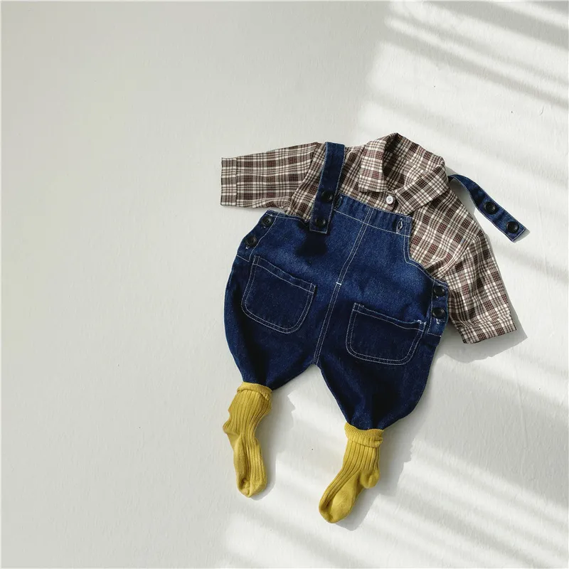 Printemps Nouveaux Enfants Bébé Vêtements Ensemble Garçons Jeans Longs Infant Toddler Filles Denim Salopette Ensemble Chemises À Carreaux Pantalon 210413